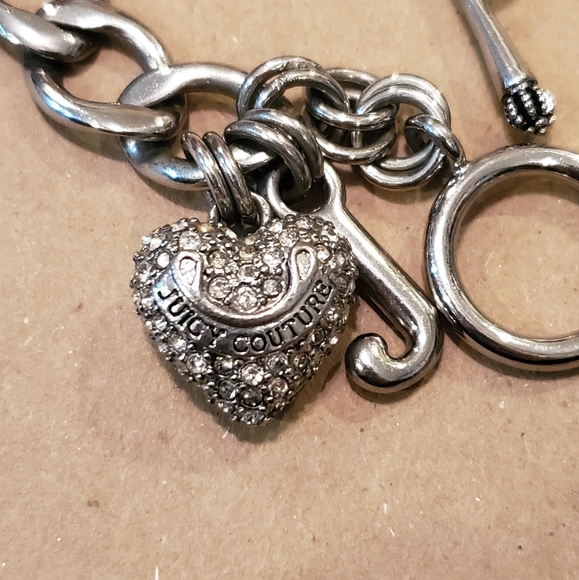 Juicy Couture Puffy Crystal Heart and J Charm Bracelet in Silvertone with Toggle - Picture 2 of 3